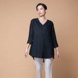 'Fendell' ヨーロピアンリネン100% Vネック ブラウス (黒) - オーストラリア産