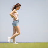 ’Abby’ リサイクルオーガニックコットン使用 切りっぱなしエッジ デニムショーツ